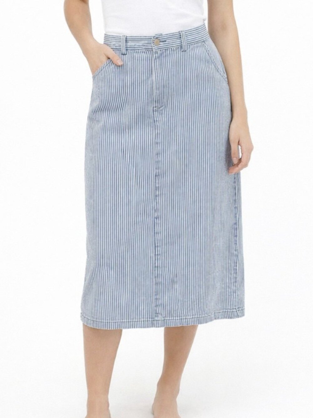 Vintage Ruff Hewn Denim Jean Midi Skirt Size 10 Blue Railroad Pin Stripe Modest